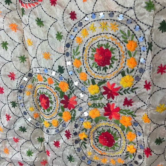 Shawl Green Pom Pom Long Raw Silk Handmade Phulkari dupatta mirror and - Picture 3 of 5